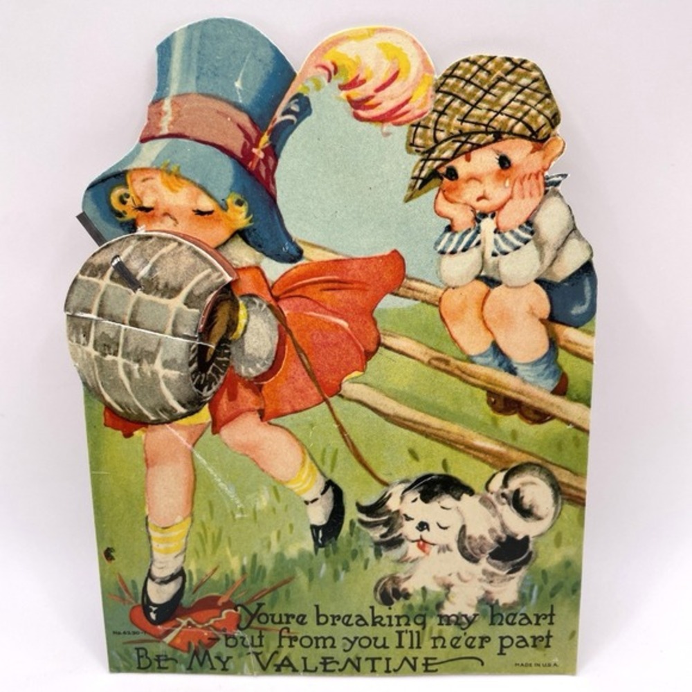 Antique Honeycomb Fold Out Valentine Card Girl Boy Dog Muff Made in USA